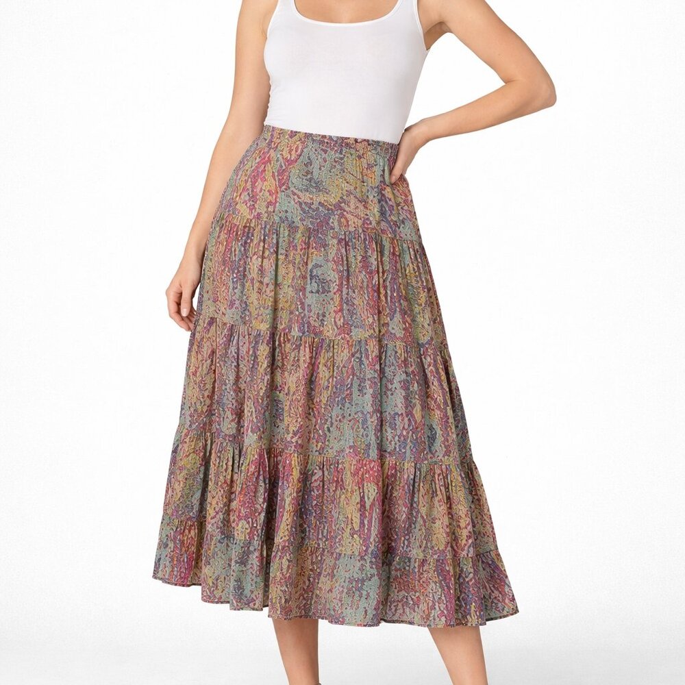 Paisley Tiered Peasant Skirt Pastels Lined Cotton Women's 14